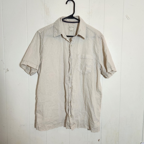 Sun + Stone Cream Colored Linen Cotton Short Sleeve Button Down Size Medium - Picture 1 of 16